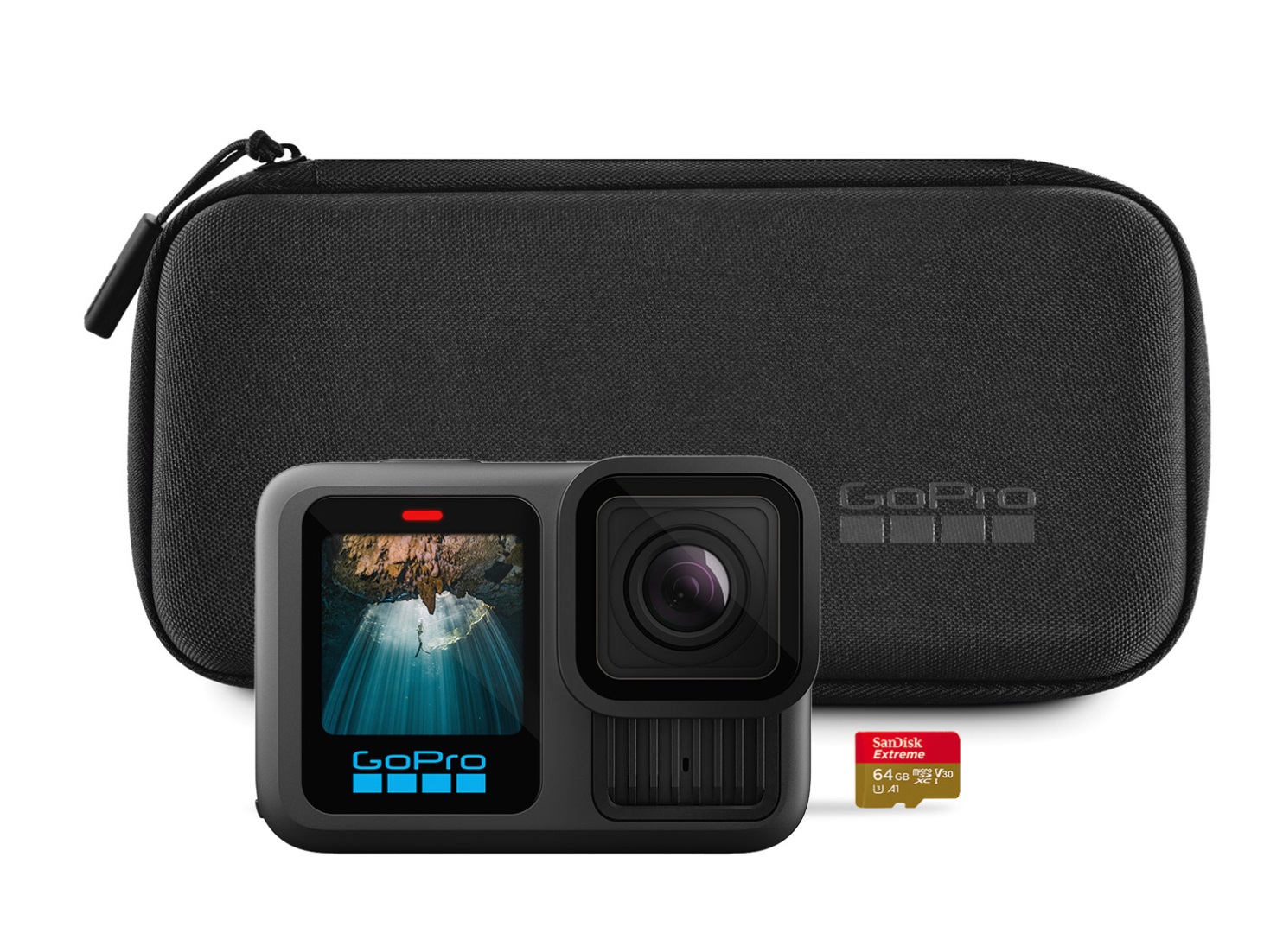 GoPro Kamera HERO13 Black - der bisher besten Kamera, inkl. SanDisk microSDKarte mit 64 GB + Transporttasche - schwarz