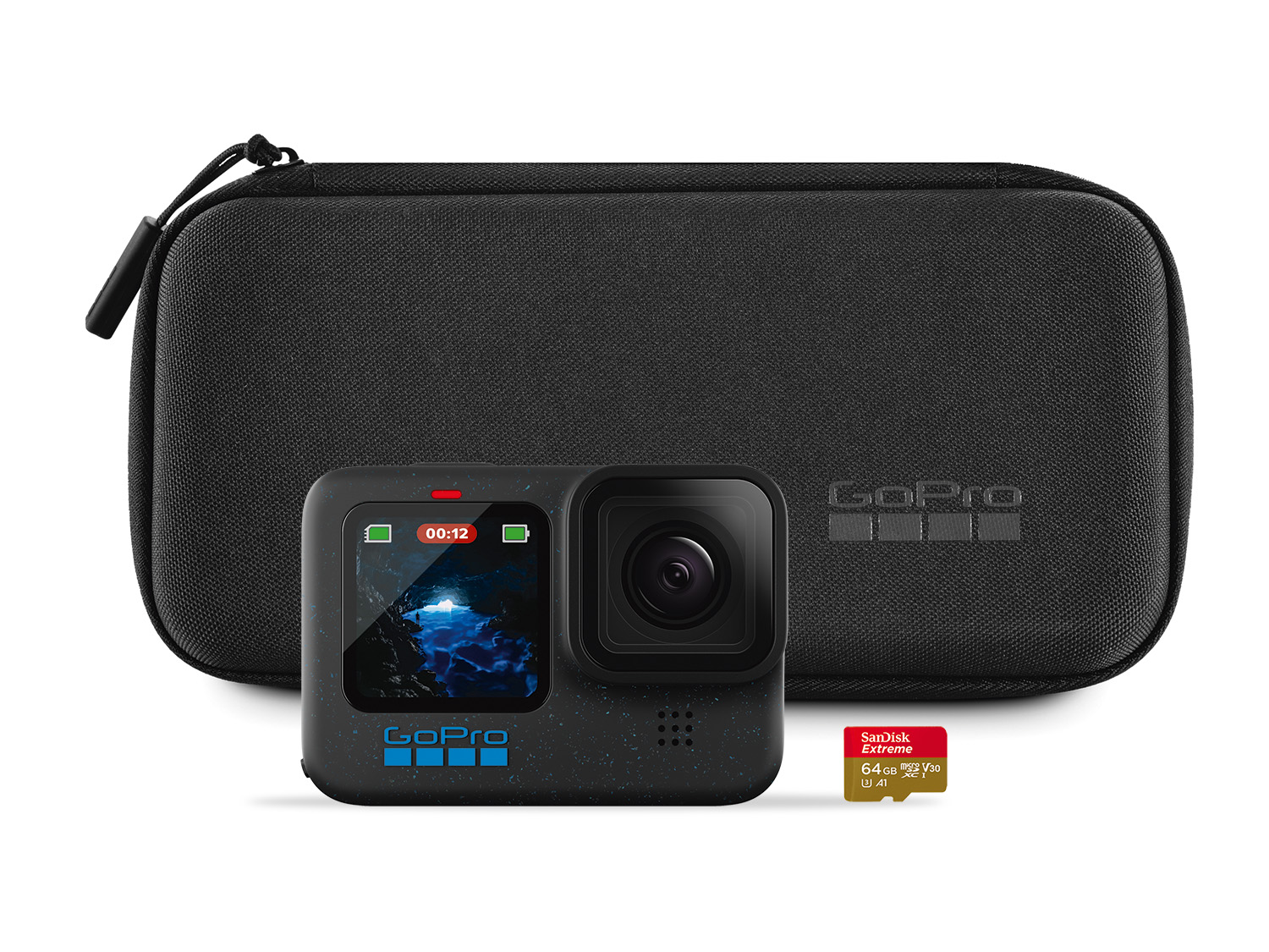 GoPro Kamera HERO12 - erlebe unglaubliche Bildqualität, inkl. SanDisk microSDKarte mit 64 GB + Transporttasche - schwarz