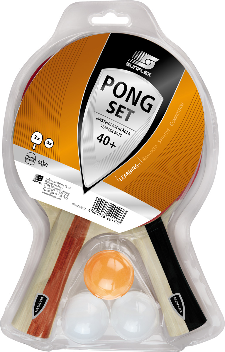 Sunflex Tischtennisschläger Set Pong - 2 Trainingsschlägern, Noppen innen mit 1,0mm Schwamm + 3 Bälle