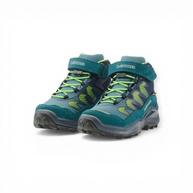 Lowa Wanderschuhe Maddox Pro Mid GTX Velcro Junior (Textil/Veloursleder, Klett­ver­schluss, wasserdicht) petrolgrün/limone Kinder