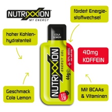 NUTRIXXION Energie Gel mit Koffein (40mg) - lang - & kurzkettigen (Tri-Source) Kohlenhydrate - Cola/Lemon 24x44g Box