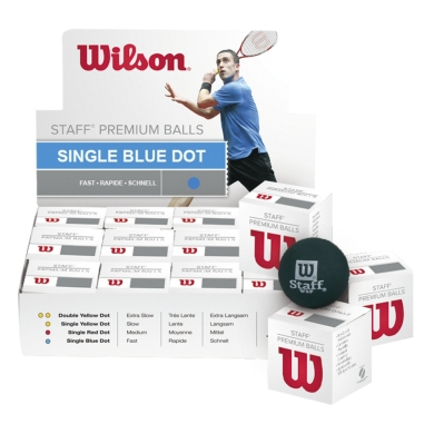 Wilson Squashball Staff (blauer Punkt, Speed schnell) schwarz <b> - 12 Bälle im Karton</b>