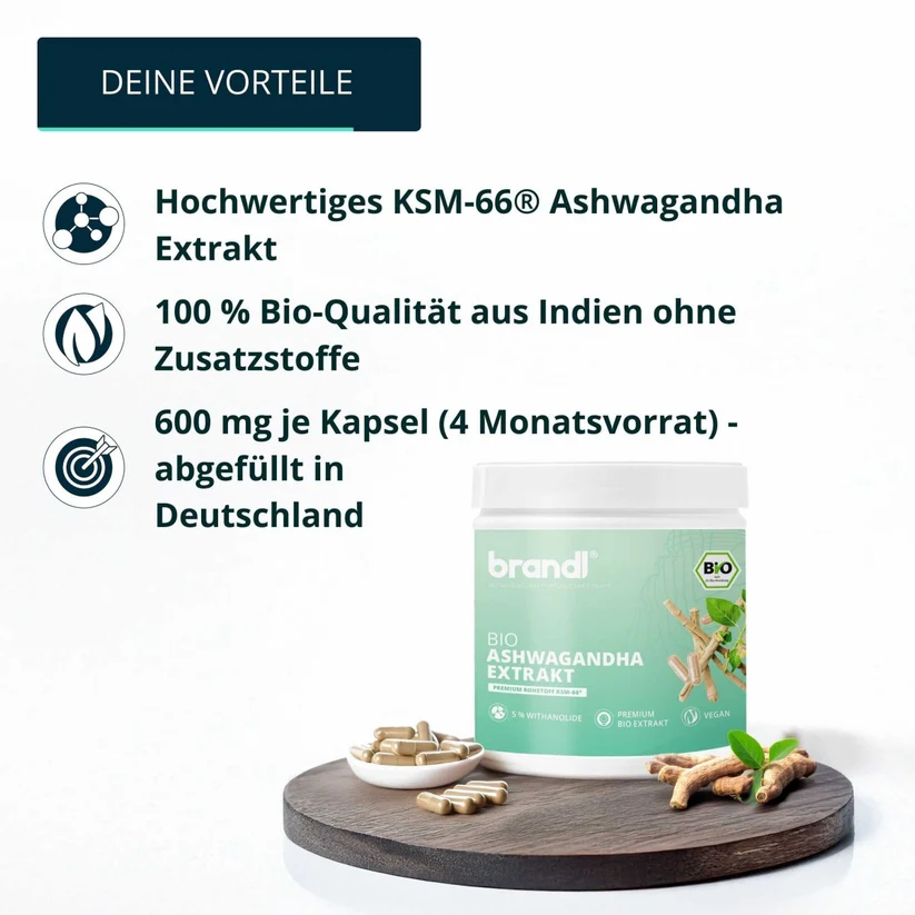 Brandl Bio KSM 66 Ashwagandha Extrakt (600mg reines Ashwagandha-Extrakt) 120 Kapseln