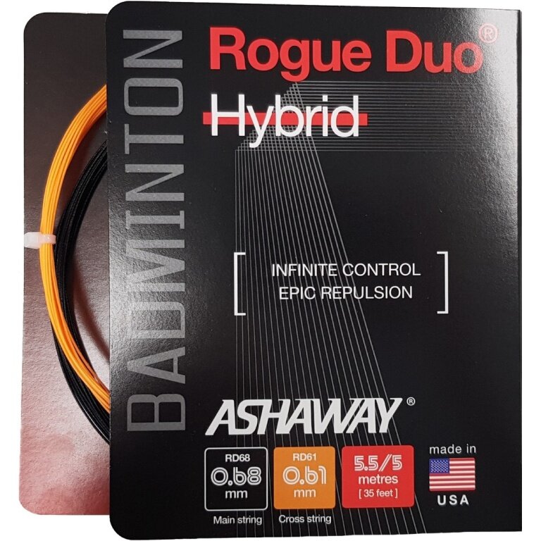 Besaitung mit Badmintonsaite Ashaway Rogue Duo Hybrid 0.68/0.61 schwarz/orange