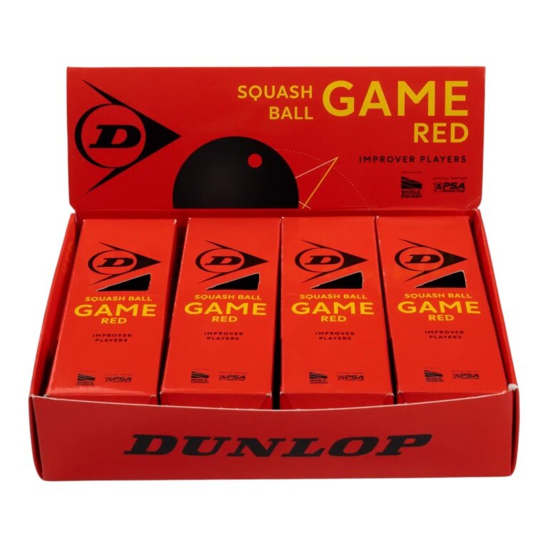 Dunlop Squashball Game Red (roter Punkt, Speed mittel) schwarz - 4x3 Bälle (12 Stück) im Karton