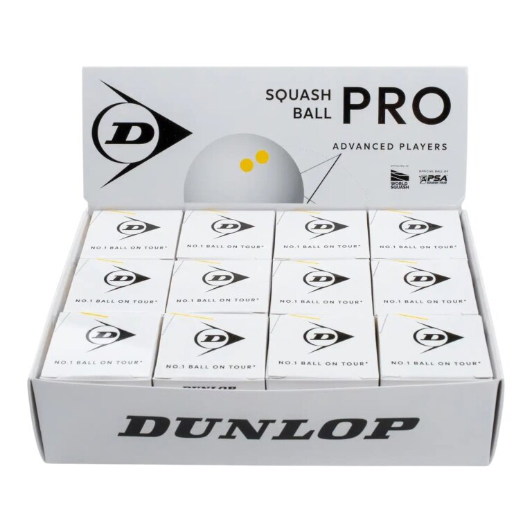 Dunlop Squashball Pro (2 gelbe Punkte, Speed sehr langsam) <b>WEISS</b> - 12er im Karton