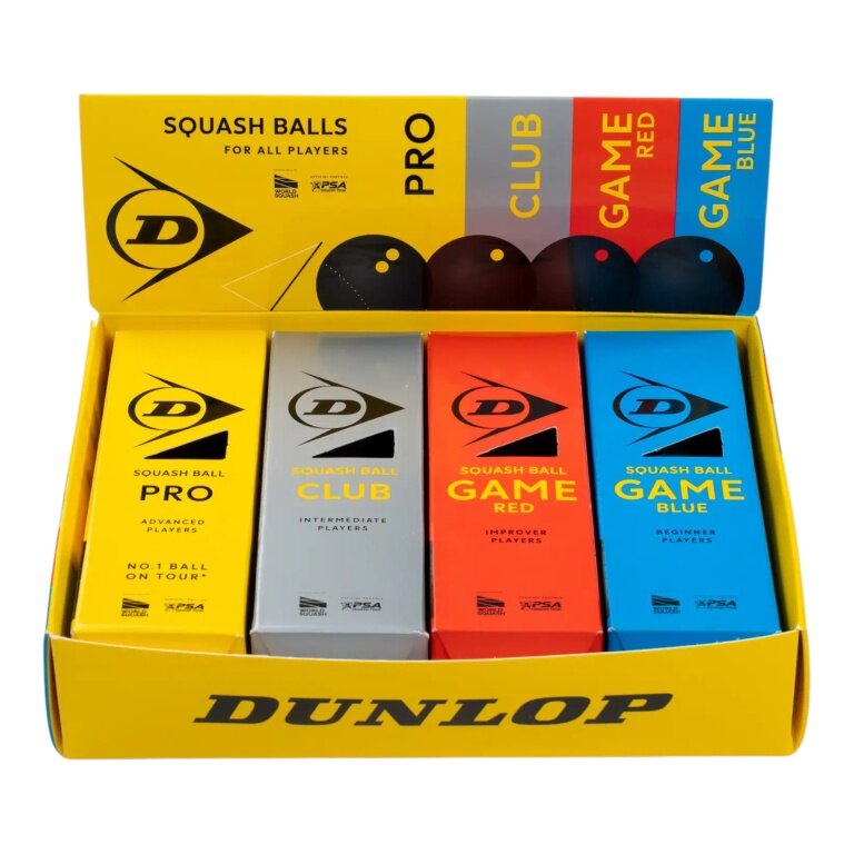 Dunlop Squashball Mix (Pro, Club, Game Red, Game Blue) schwarz - 4x3 Bälle (12 Stück) im Karton