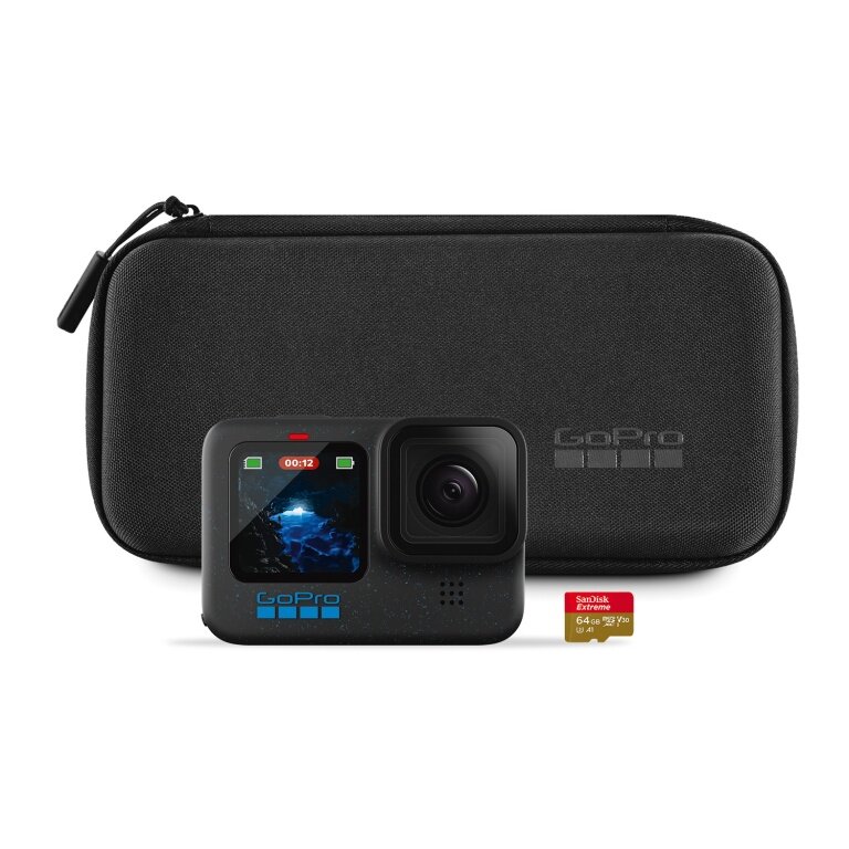 GoPro Kamera HERO12 - erlebe unglaubliche Bildqualität, inkl. SanDisk microSDKarte mit 64 GB + Transporttasche - schwarz