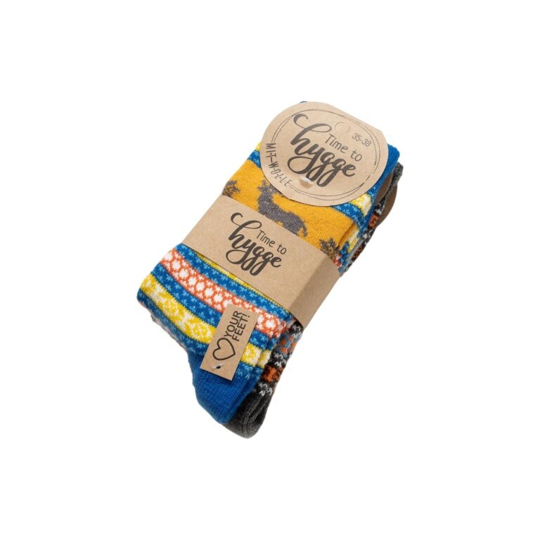 HomeOfSocks Wollsocken Hygge mit Elch Motiv mehrfarbig blau/anthrazit Damen - 2 Paar
