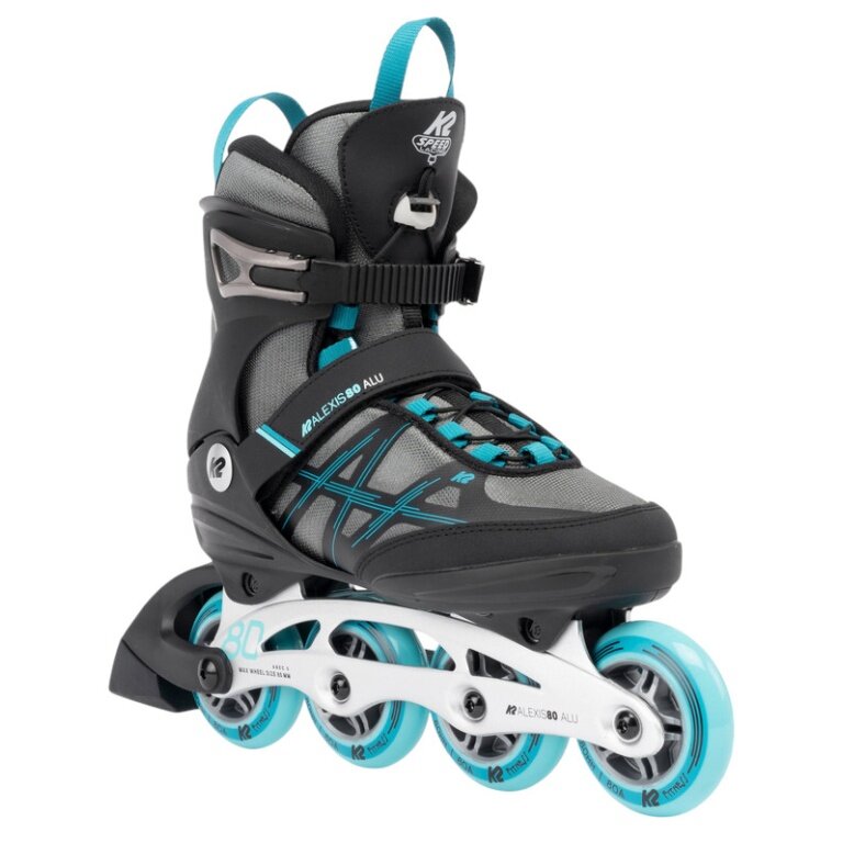 K2 Inline Skates Alexis 80 Alu (Rollen: 80mm/82A, Kugellager: ABEC 5) grau/cyanblau Damen