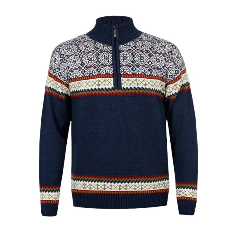 Kama Sweater Pullover 4097 Half Zip mit Nordischen Muster (Merinowolle, sehr warm) navyblau Herren