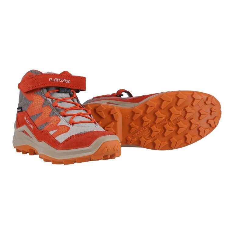 Lowa Wanderschuhe Maddox Pro Mid GTX Velcro Junior (Textil/Veloursleder, Klett­ver­schluss, wasserdicht) wüstenbeige/feuerrot Kinder