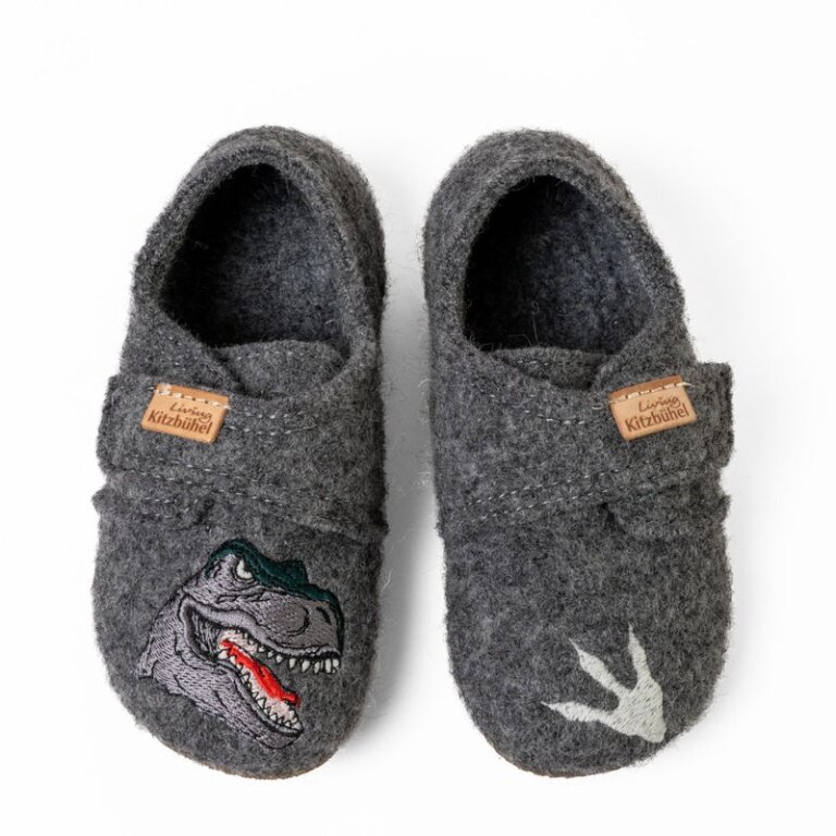 Living Kitzbühel Hausschuhe Klettschuh T-Rex (Schurwolle) grau Jungen (31-35)
