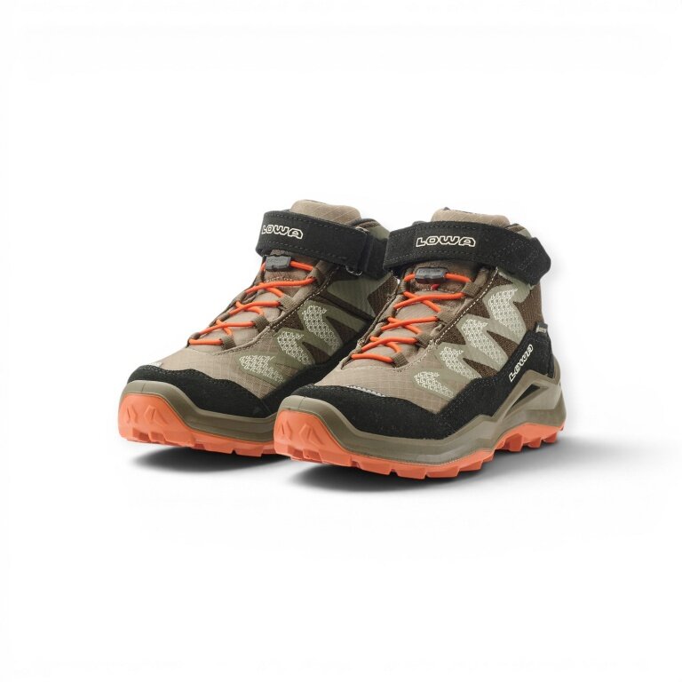 Lowa Wanderschuhe Maddox Pro Mid GTX Velcro Junior (Textil/Veloursleder, Klett­ver­schluss, wasserdicht) olivgrün/schwarz Kinder