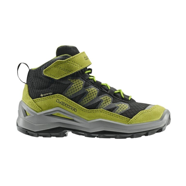 Lowa Wanderschuhe Maddox Pro Mid GTX Velcro Junior (Textil/Veloursleder, Klett­ver­schluss, wasserdicht) schwarz/limone Kinder