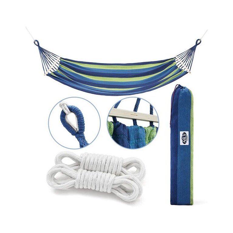 Nils Camp Hängematte NC9001 (mit Holzstab, haltbar, leicht aufzuhängen) dunkelblau/grün 200x120cm