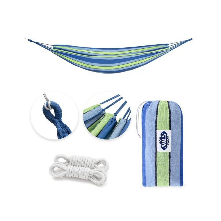 Nils Camp Hängematte NC9003 (Baumwoll-/Polyestermix, haltbar, leicht aufzuhängen) blau/grün 200x120cm