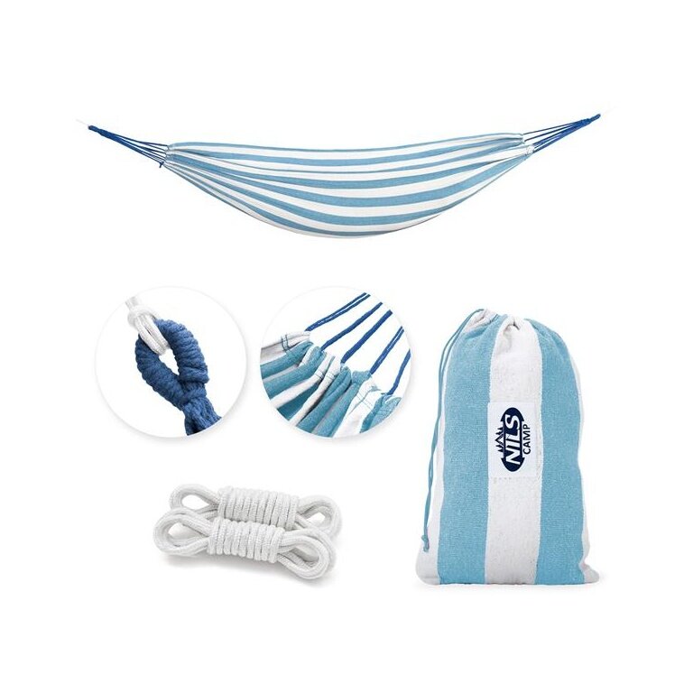 Nils Camp Hängematte NC9003 (Baumwoll-/Polyestermix, haltbar, leicht aufzuhängen) blau/weiss 200x120cm