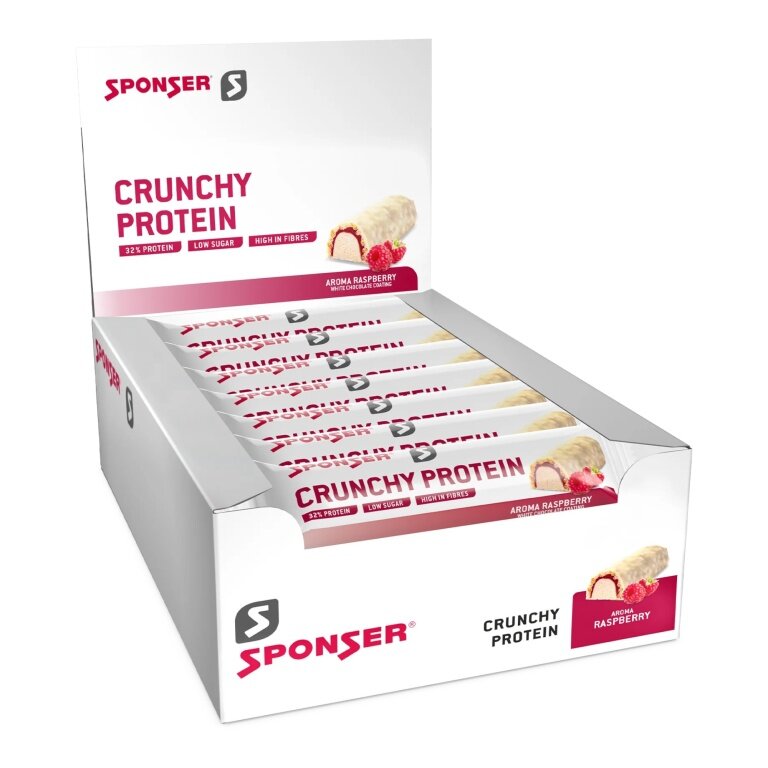 Sponser Crunchy Protein Riegel (über 30% Proteinanteil, nur 1,8g Zucker pro Riegel) Himbeere 12x50g Box