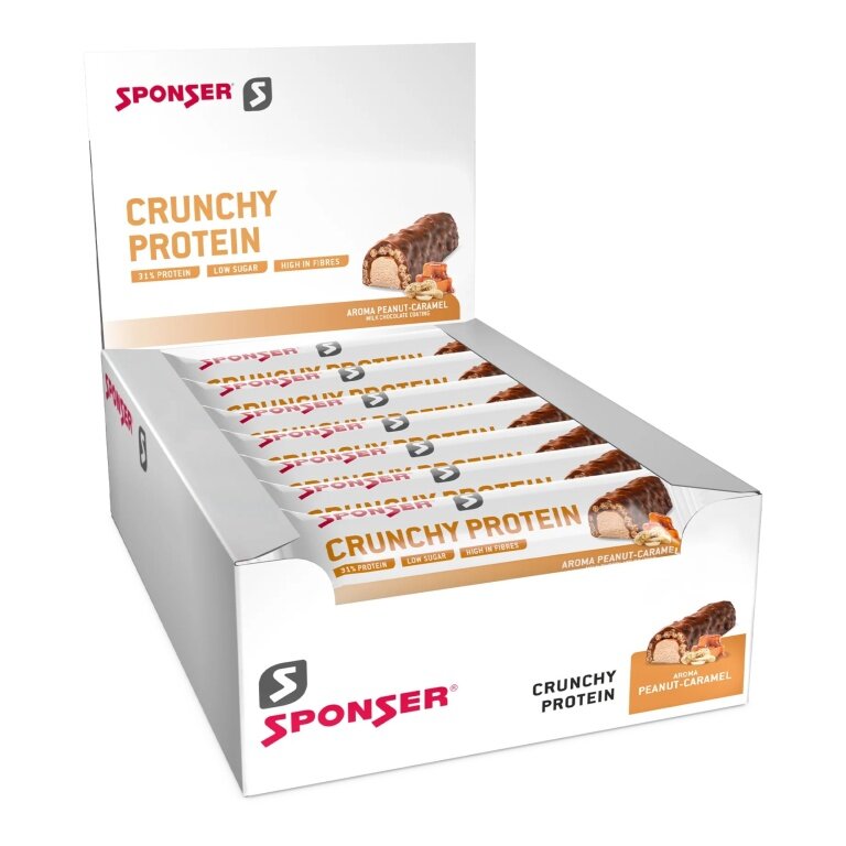 Sponser Crunchy Protein Riegel (über 30% Proteinanteil, nur 1,8g Zucker pro Riegel) Erdnuss/Karamell 12x50g Box