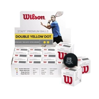 Wilson Squashball Staff (2 gelbe Punkt, Speed sehr langsam) schwarz - <b> 12 Bälle im Karton</b>