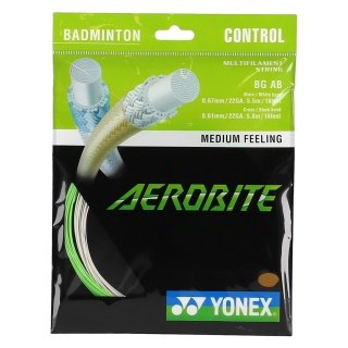 Besaitung mit Badmintonsaite Yonex Aerobite Hybrid 0.61/0.67 weiss/grün