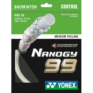 Besaitung mit Badmintonsaite Nanogy 99 (Kontrolle+Grip) weiss