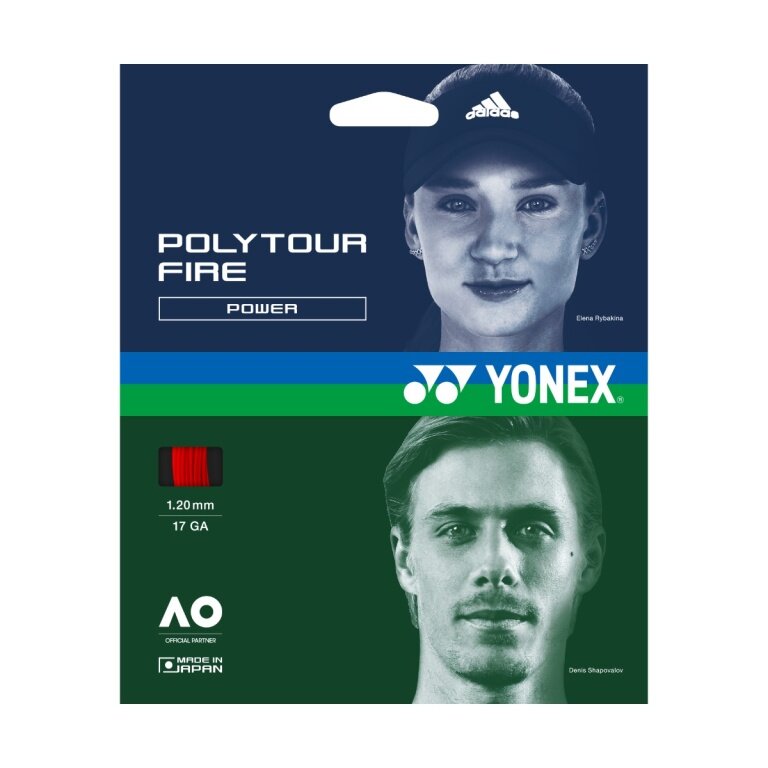 Besaitung mit Tennissaite Yonex Poly Tour Fire (Haltbarkeit+Power) rot