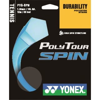 Besaitung mit Tennissaite Yonex Poly Tour Spin (Haltbarkeit+Spin) hellblau