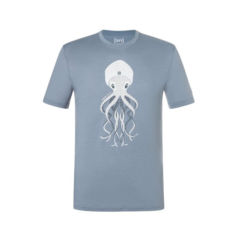 super natural Sport-/Freizeitshirt Octopussy Tee (Merino-Mix, bequeme Passform) stonegrau/blau Herren